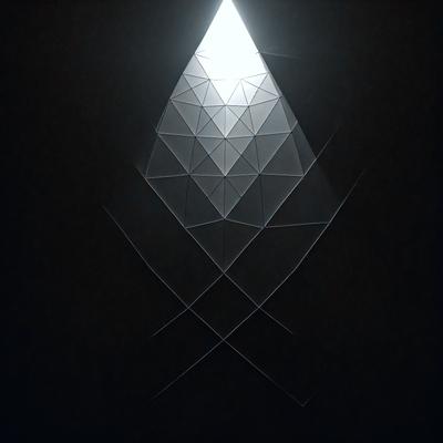 The primary subject of the image is a geometric pattern, which is displayed on a black background. The pattern is composed of multiple triangles, creating a visually striking and modern design. The setting or background is a dark, empty space, which emphasizes the pattern and its contrast against the black background. The visual style of the image is a combination of digital art and illustration, as it showcases a complex and intricate design. The colors and mood of the image are predominantly black and white, giving it a sleek and